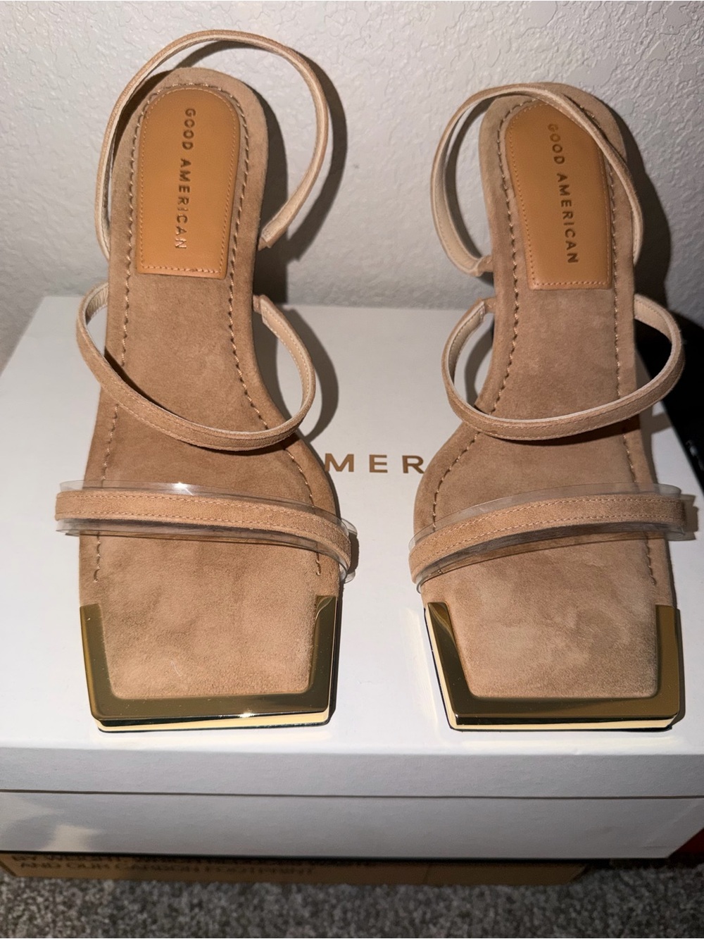 Good American Beige Suede Square-Toe Heeled Sandals with Gold Accent